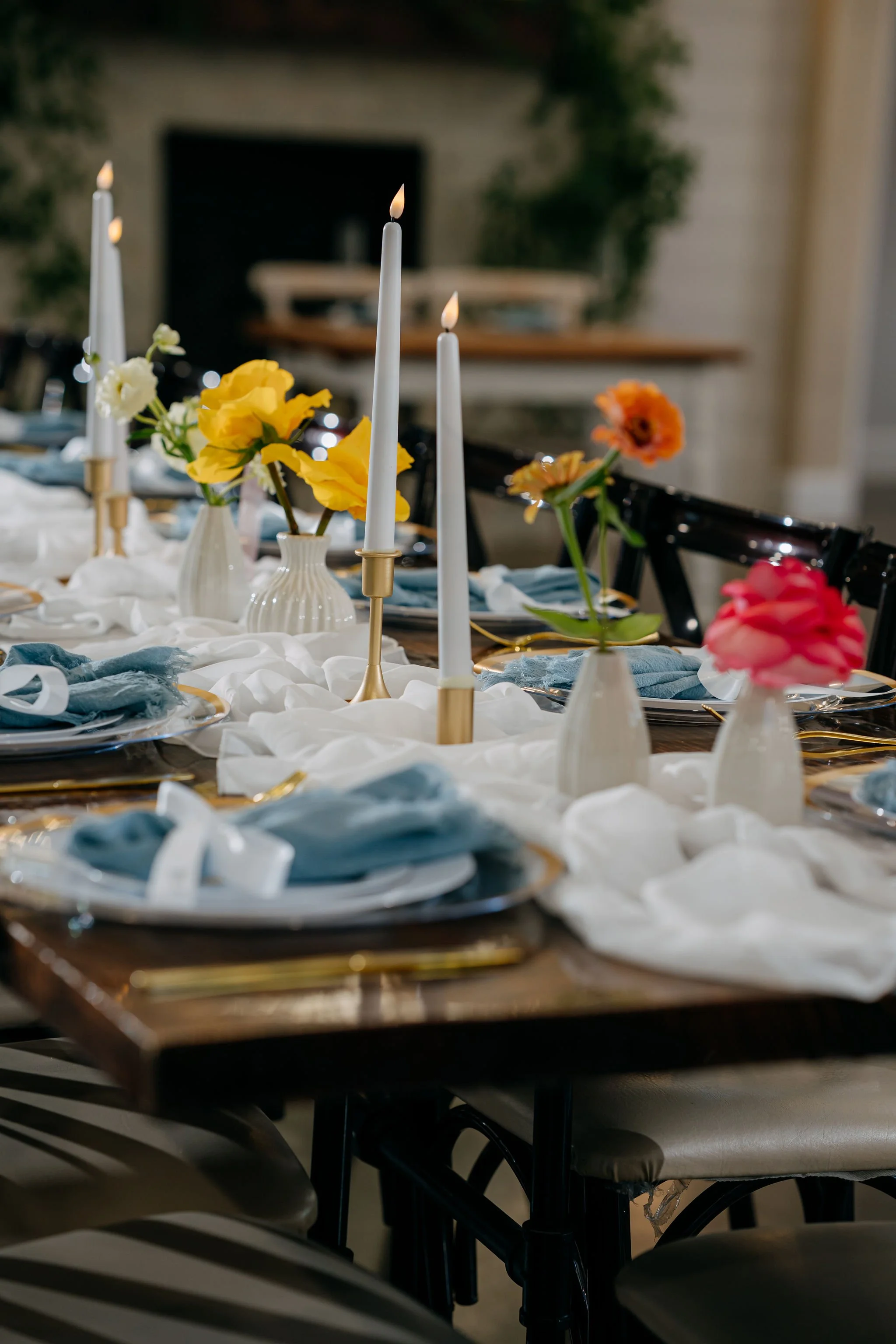 farmhouse wedding table with bright flowers in texas
