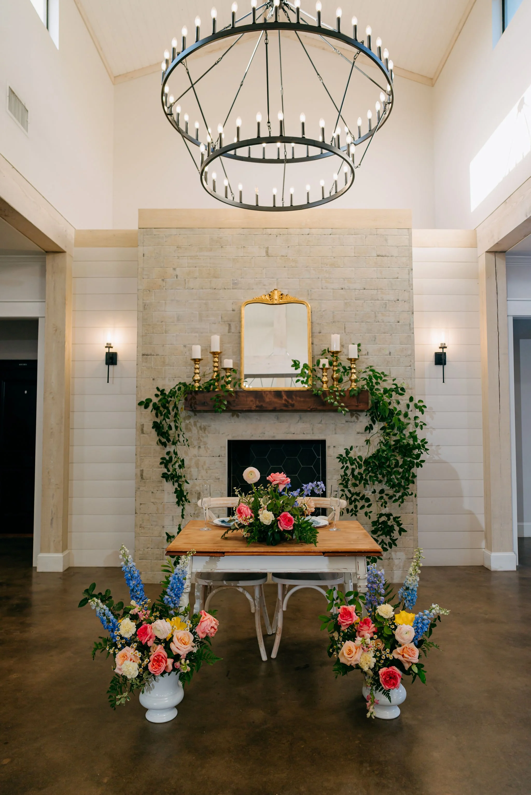 indoor wedding reception with pastel flowers in east texas